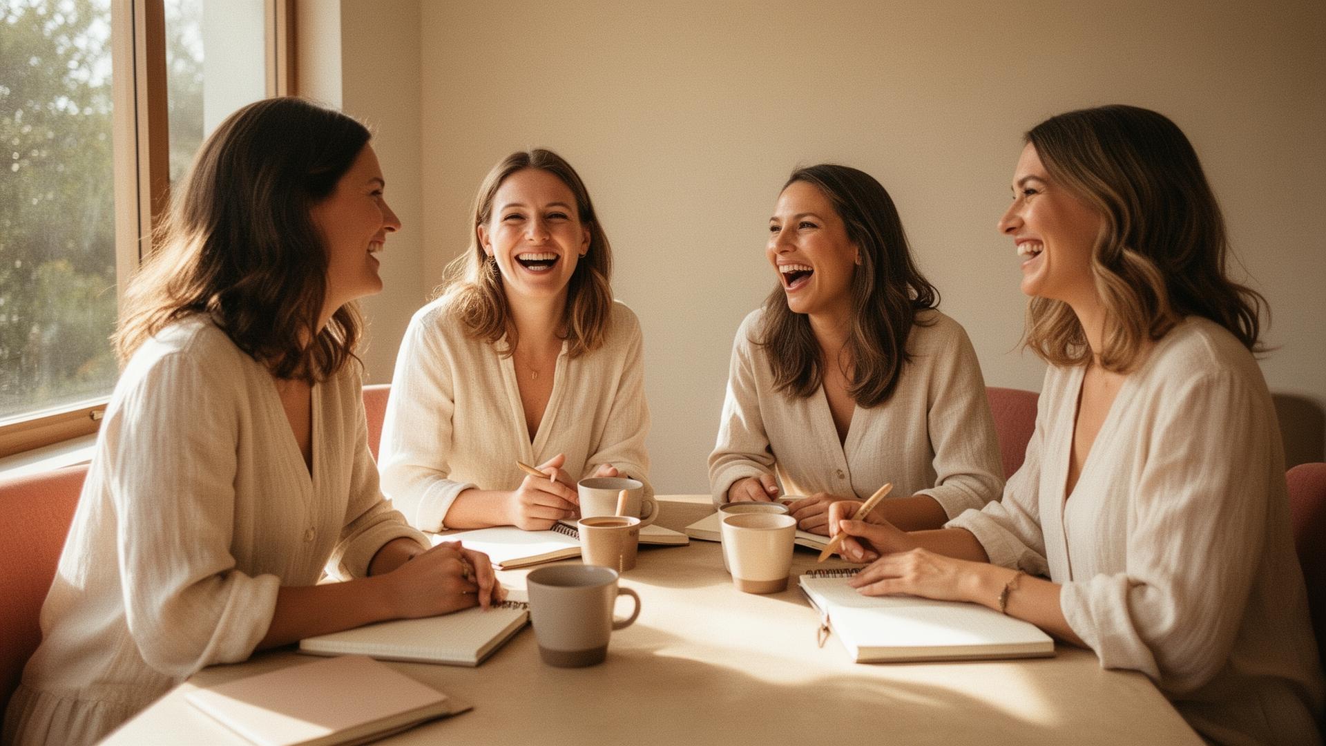 Four women laughing together over coffee and notebooks in warm sunlight