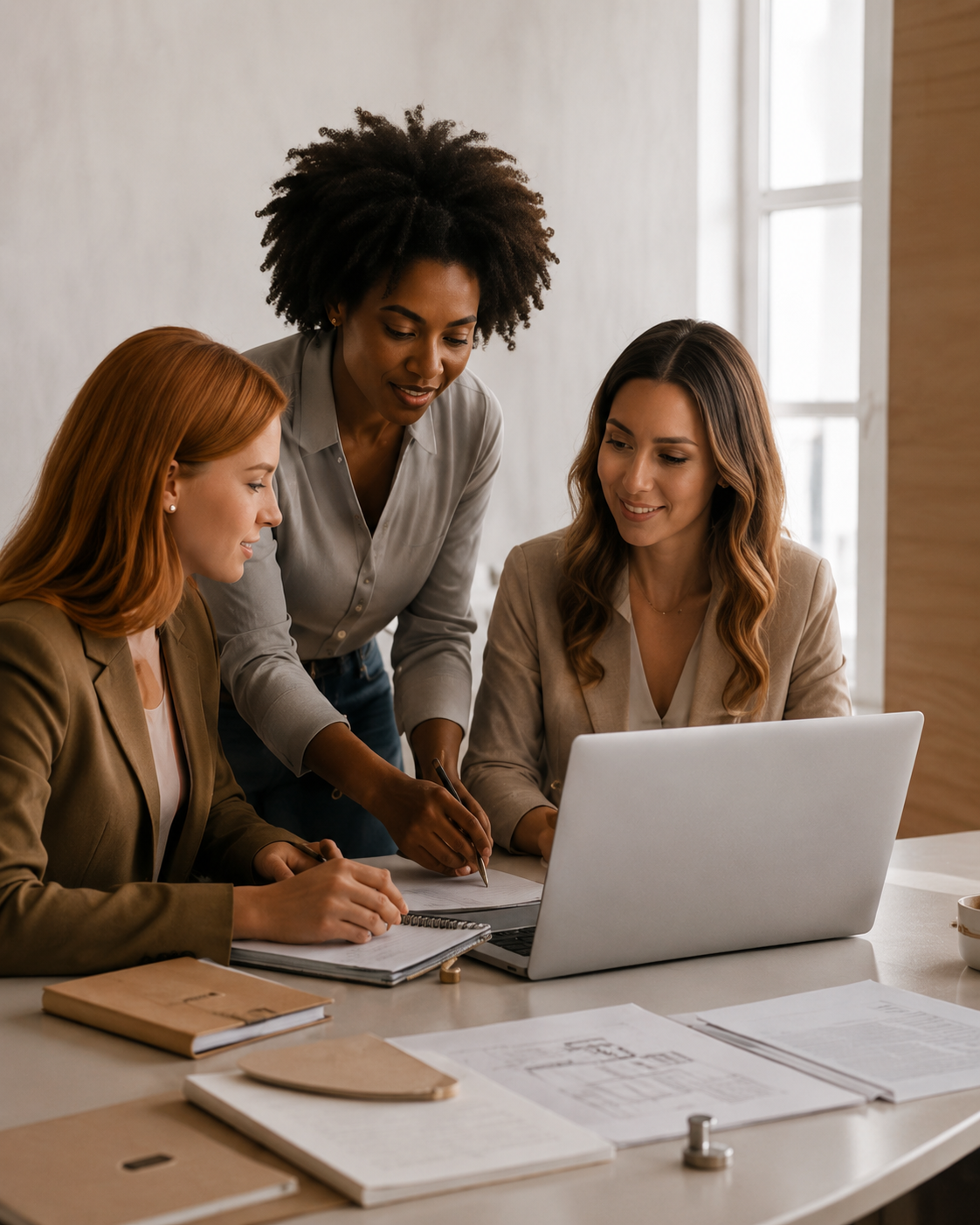 Three women collaborating around a laptop in a sunlit workspace